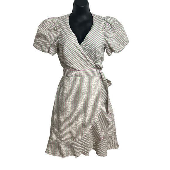 DRAPER JAMES SEERSUCKER TRUE WRAP BOHO ROMANTIC FRILLY ABOVE THE KNEE DRESS. XS - Picture 1 of 8